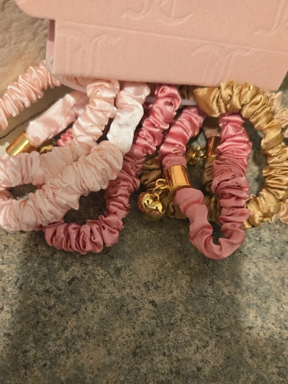 Juicy Couture Pink & Gold Satin Hair Scrunchie Set Of 6 New